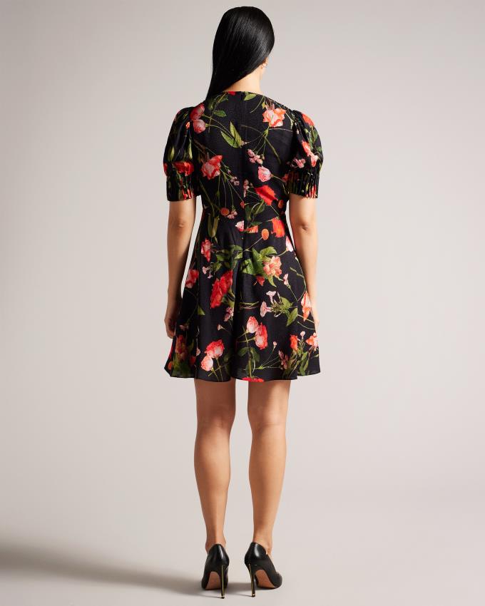 Peignoir Ted Baker Floral Mini Tea With Puff Sleeves Noir Femme | CKY-15353831